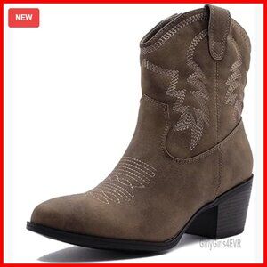 Women's Mid Calf Western Cowboy Boots Low Heel Almond Toe Faux Leather
